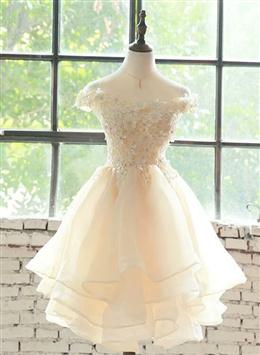 Picture of Cute Champagne Organza Layers Knee Length Homecoming Dresses with Lace, Short Prom Dresses